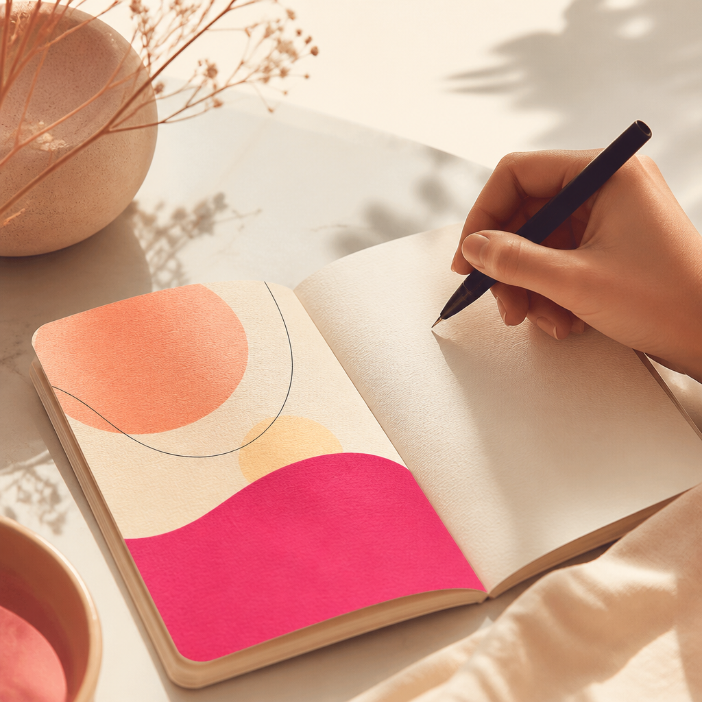 Editorial photography, close up of a hand writing in a beautiful notebook, soft morning light, minimalist aesthetic, peach and cream tones, focus on paper texture.