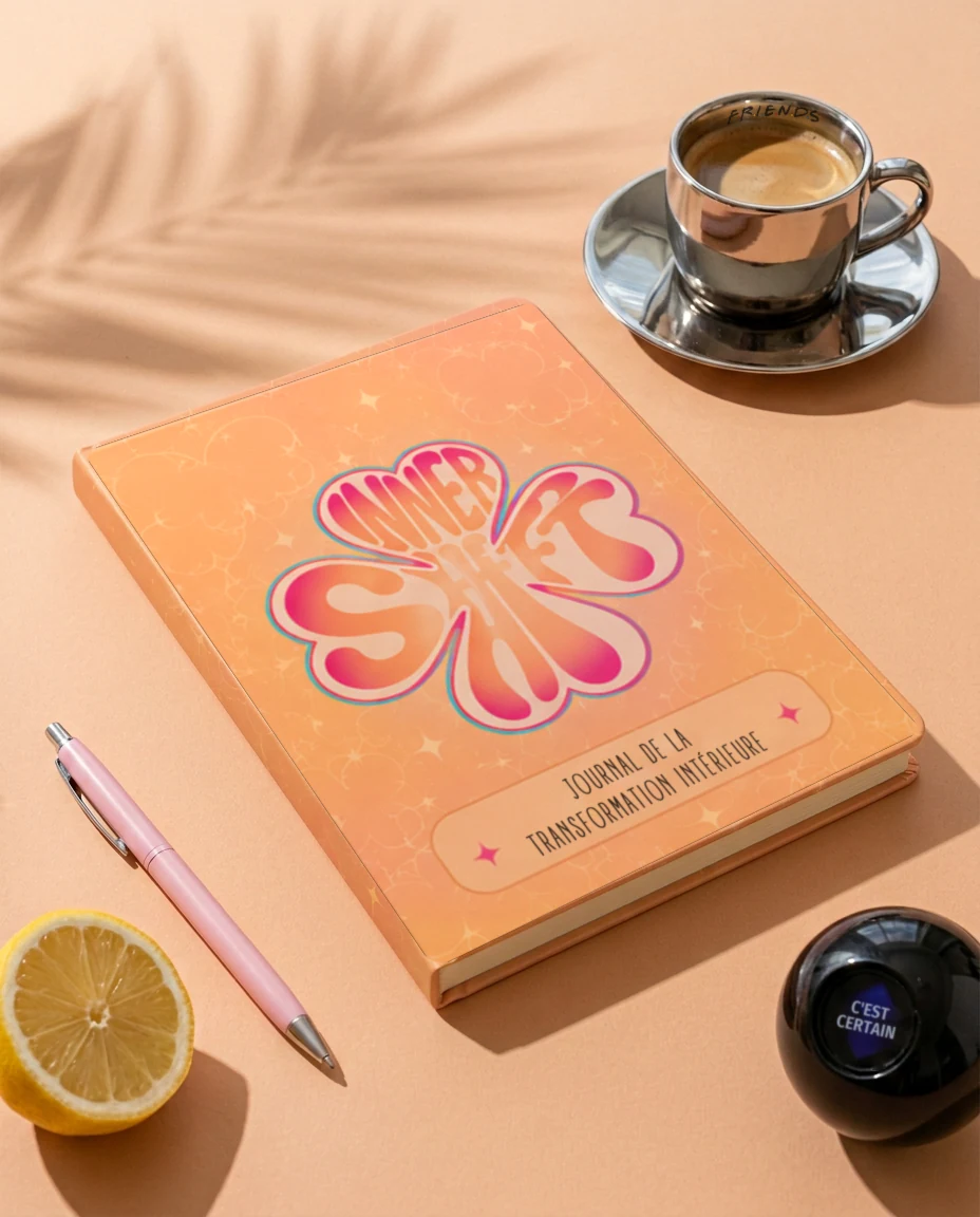 Carnet-compagnon Inner Shift « Journal de la transformation intérieure », tasse argentée sur fond pêche