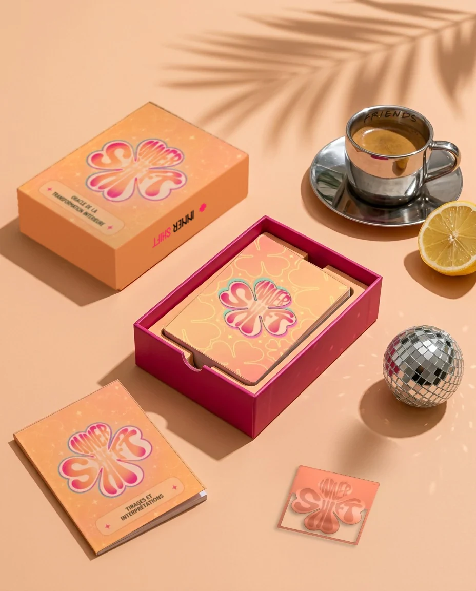 Le coffret Inner Shift ouvert : fourreau, boîte rose avec les cartes, livret Tirages et interprétations et marque-page